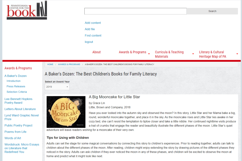 This is an illustrative image of the website for the booklist, A Baker's Dozen: The Best Children's Books for Family Literacy